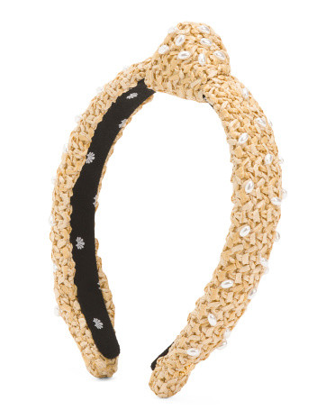Faux Pearl Embellished Raffia Slim Knotted Headband | TJ Maxx