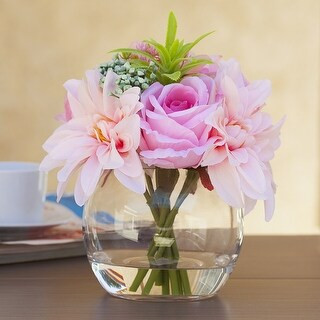 Enova Home Mixed Silk Rose and Dahlia Flower Arrangement in Clear Glass Vase With Faux Water (Pink) | Bed Bath & Beyond