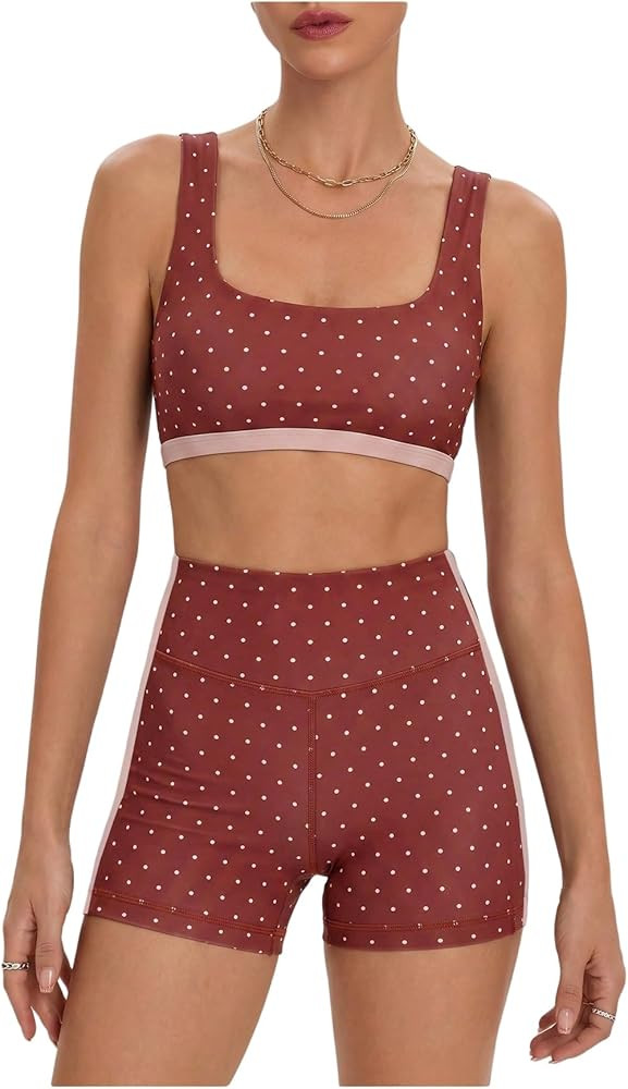 Milumia Women's Polka Dots Workout Set 2 Piece Color Block Bra Tank High Waisted Biker Shorts Lay... | Amazon (US)