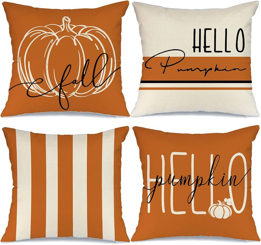 GEEORY Fall Decor Pillow Covers 18x18 Set of 4 Hello Pumpkin Orange Stripes Fall Outdoor Stripes ... | Amazon (US)
