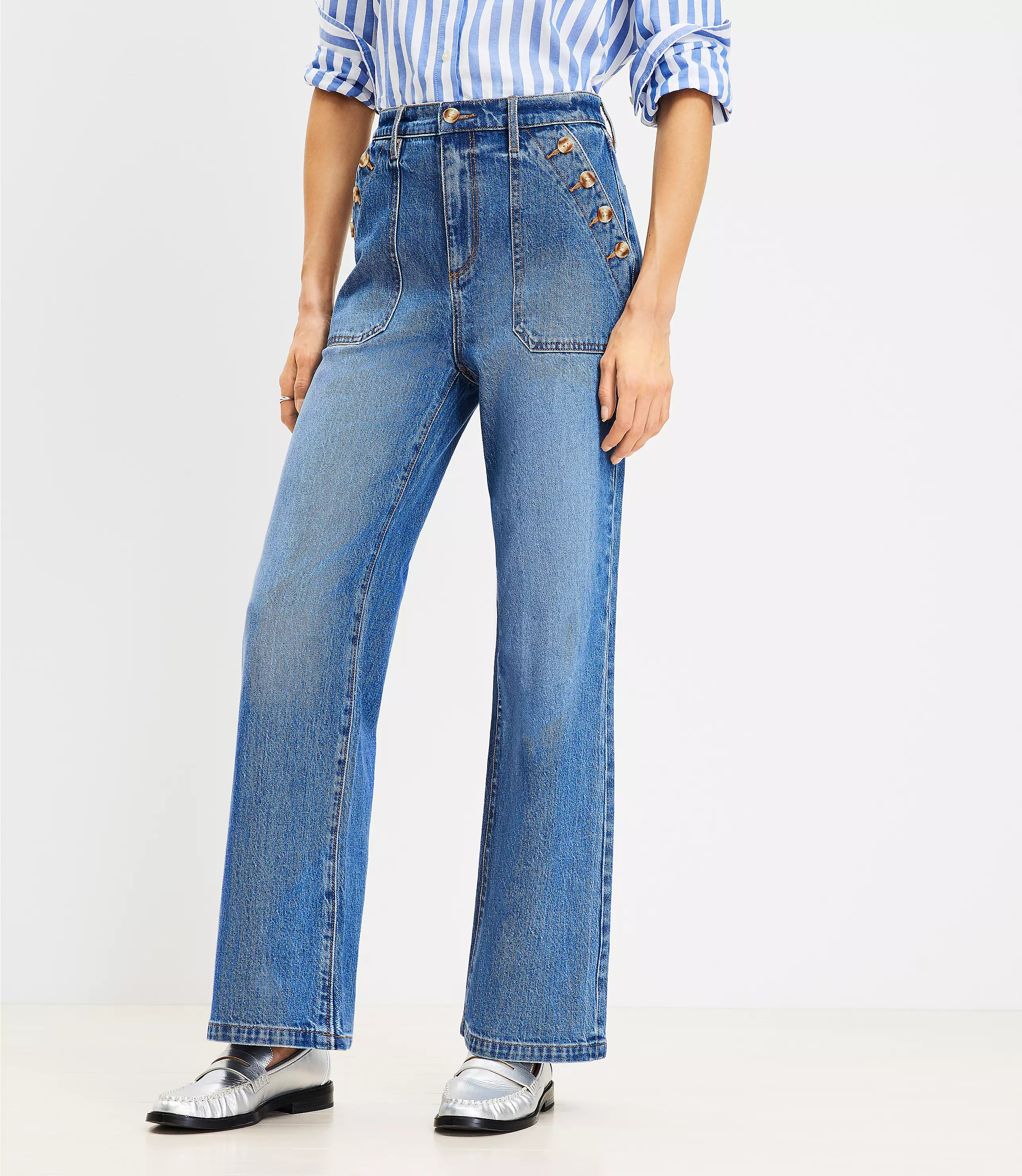 Curvy Mariner High Rise Wide Leg Jeans in Vivid Light Indigo Wash | LOFT