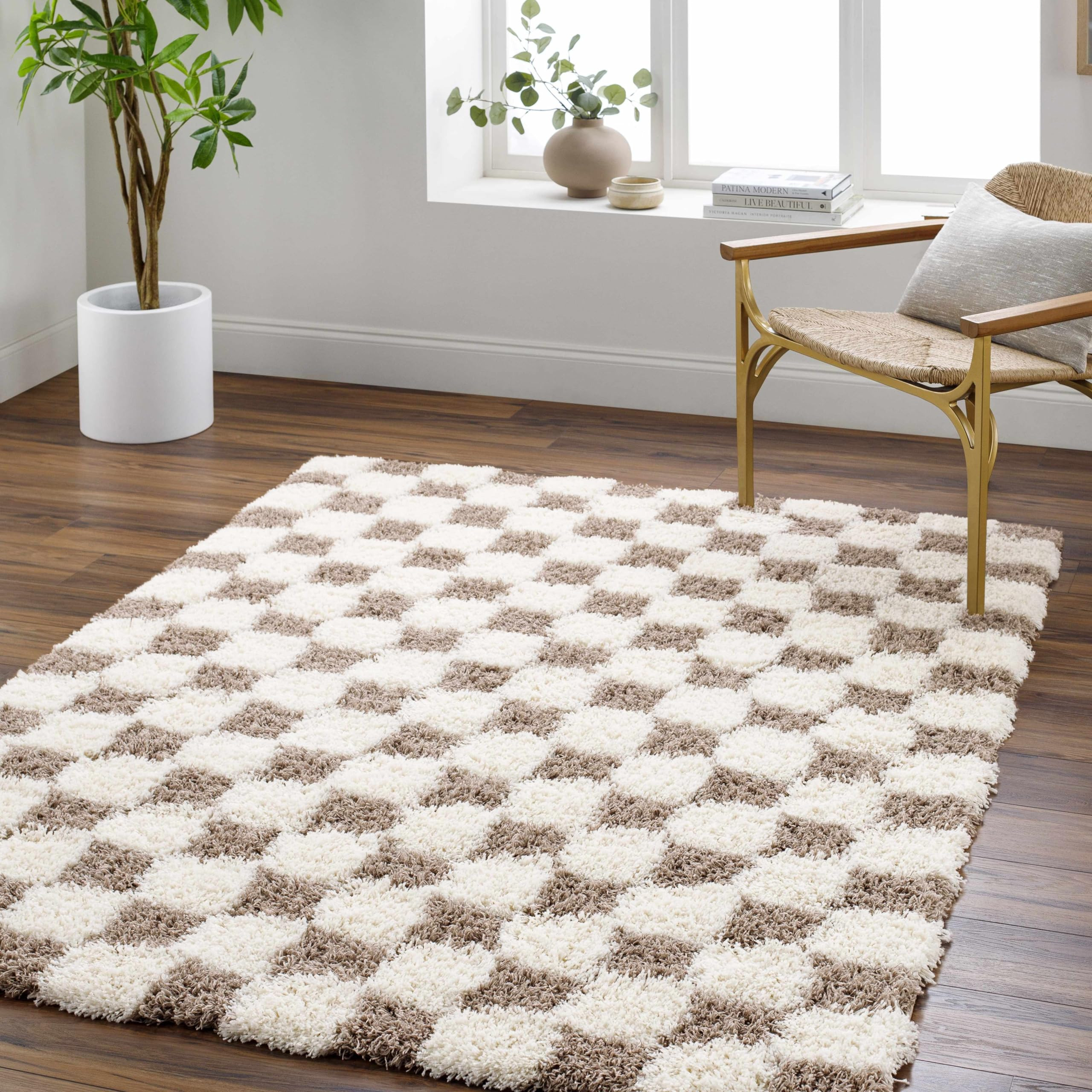 Hauteloom Atira Contemporary Checkered Fluffy Shag Area Rug - Modern Geometric Carpet Tiles for L... | Amazon (US)