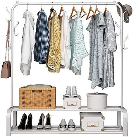 UDEAR Garment Rack Free-standing Clothes Rack with Top Rod,Lower Storage and 6 Hooks, White | Amazon (US)