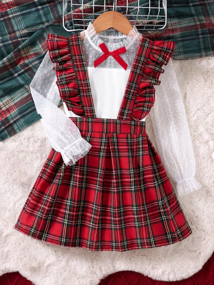 SHEIN Christmas Young Girls Polka Dot Mesh Long Sleeve Shirt And Plaid Suspender Skirt 2 Pieces S... | SHEIN