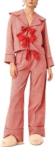 Women 2 Piece Buffalo Plaid Pajamas Lounge Set Y2k Long Sleeve Bow Tie Up Shirts Wide Leg Pants S... | Amazon (US)