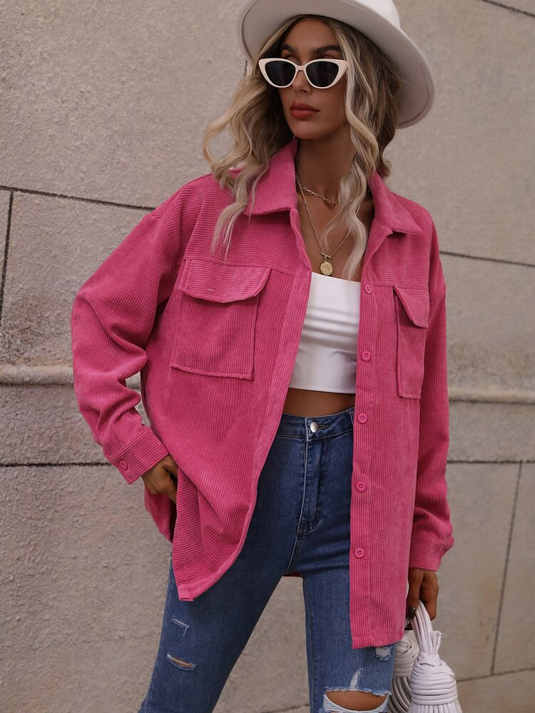 Flap Pocket Drop Shoulder Corduroy Coat | SHEIN