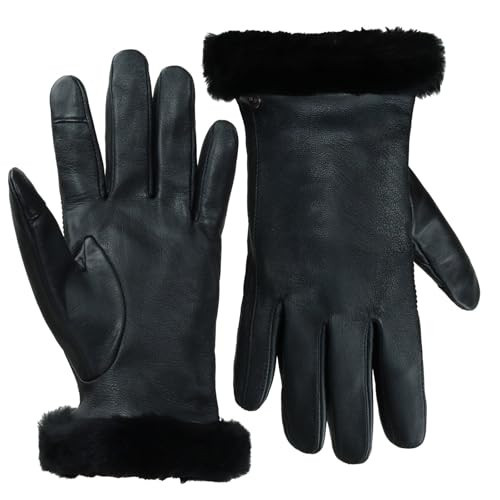 UGG Women’s Sheepskin Cuff Gloves with Touchscreen Fingertips, Genuine Leather Exterior, Fur Trim, and Logo Detail - Warm, Stylish, and Comfortable Winter Wear, Black, Medium | Amazon (US)