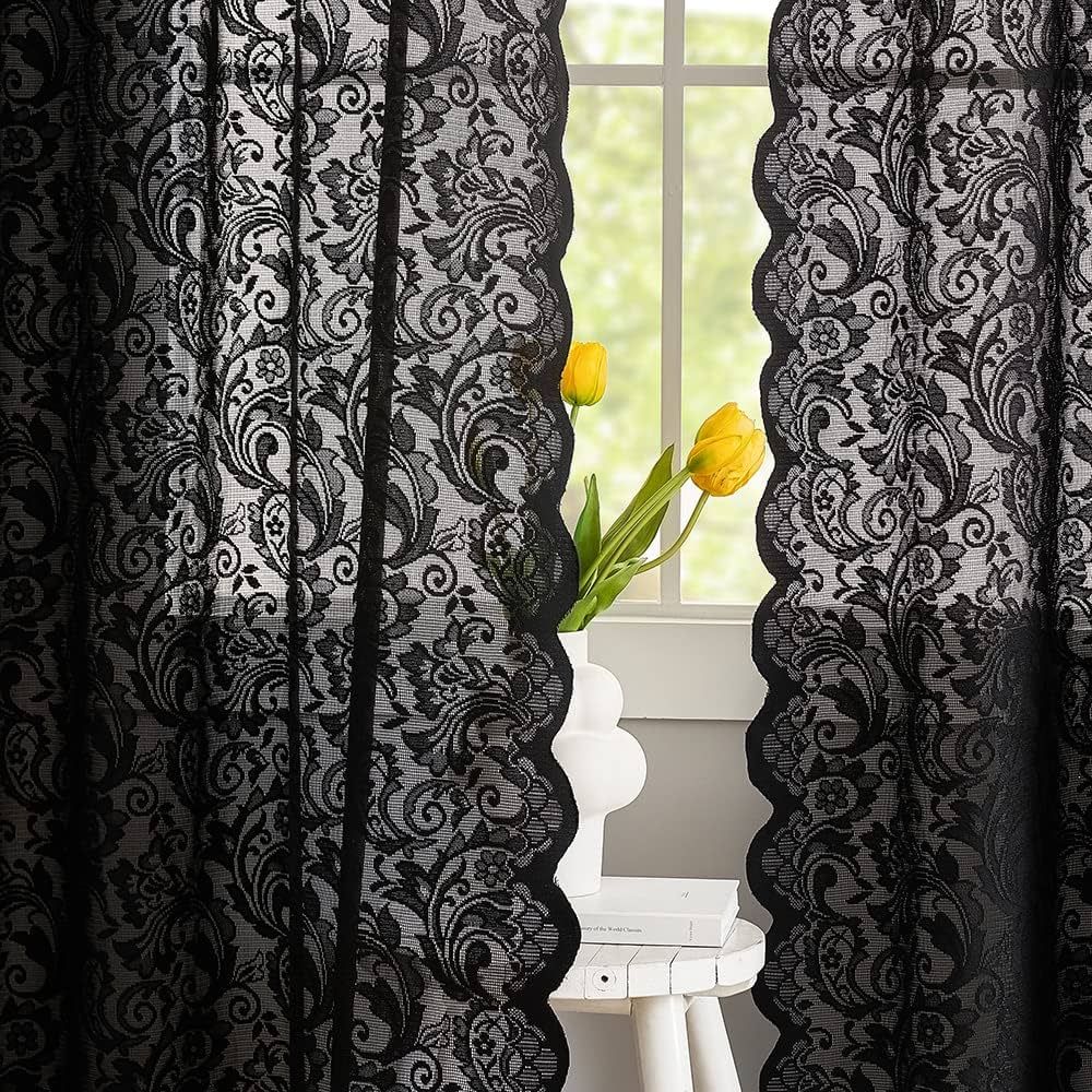 Black Kitchen Lace Curtains 45 inch Length Boho Shabby Halloween Kitchen Curtains Short Sheer Cur... | Amazon (US)