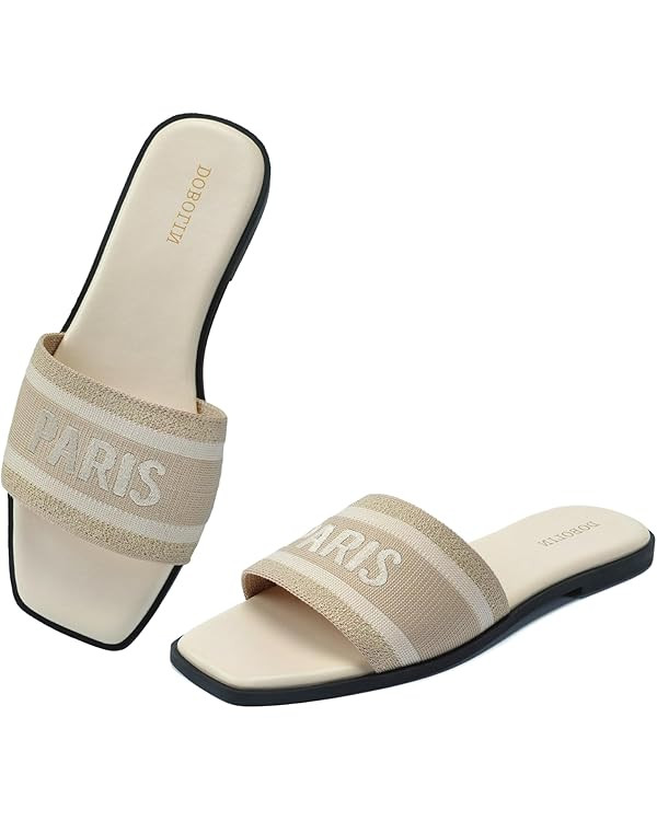 Women's Sandals Embroidered Flat Sandals Square Open Toe Slide Sandals Comfortable Dressy Summer ... | Amazon (US)