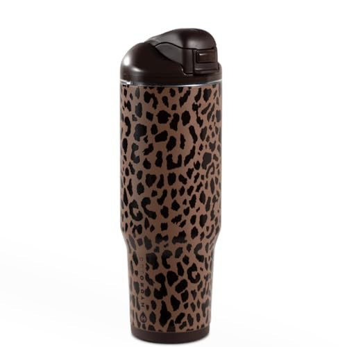 HydroJug Ease2o Water Bottle with Straw & Chug Lid, Stainless Steel, Vented Cap to Help Reduce Pressure, Water-Level Window, Cup Holder Friendly, Non-Slip Base – 32oz, Brown Leopard | Amazon (US)