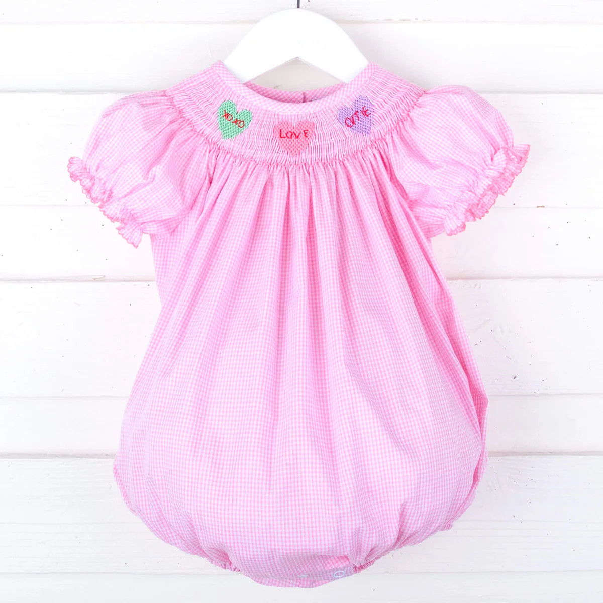 Candy Hearts Pink Gingham Smocked Bishop Bubble | Classic Whimsy