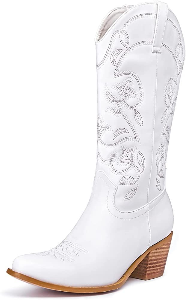 GOSERCE Women's Western Cowboy Cowgirl Boots Floral Embroidery Pointed Toe Mid Calf Chunky Heel 2... | Amazon (US)