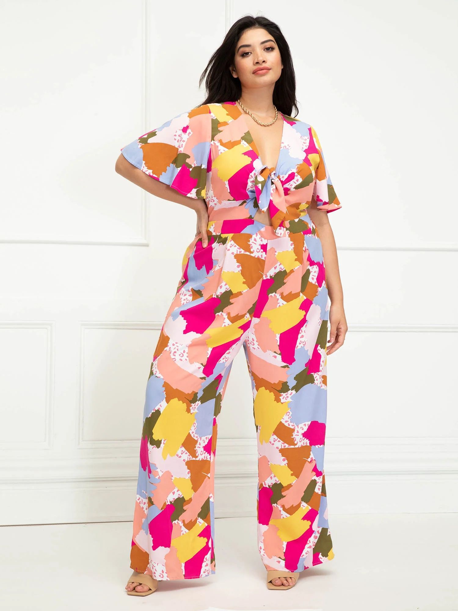 ELOQUII Elements Women's Plus Size Abstract Print Jumpsuit with Flutter Sleeves | Walmart (US)