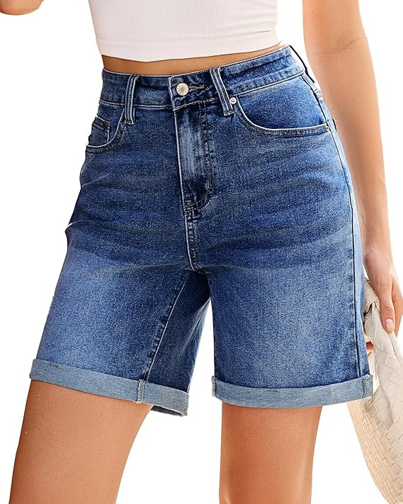 Vetinee Jean Shorts Womens High Waisted Fold Hem Stretchy Long Denim Shorts Mid Thigh Summer Casu... | Amazon (US)