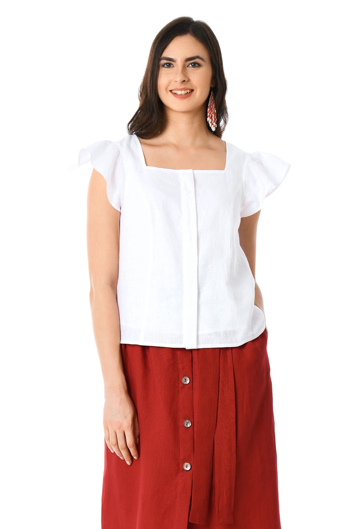 eShakti Women's Square neck flutter sleeve linen blouse | eShakti