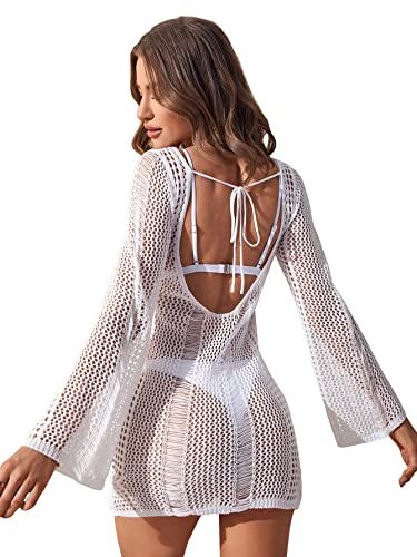 Cozyease Women's Long Sleeve Knitted Hollow Out Sheer Cover Up Swimsuit Beach Swimwear Dress Without | Amazon (US)