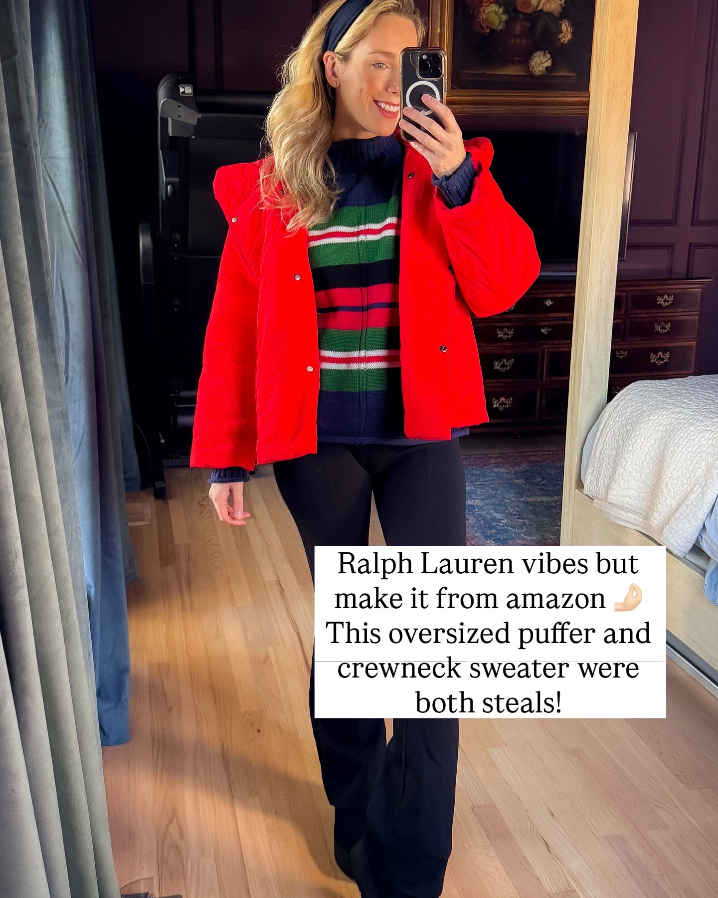 Red puffer coat winter outfit stripe sweater park city ski trip winter fashion amazon fashion amazon coat amazon sweater headband black pants 

#LTKgrwm #LTKootd #LTKFindsUnder50