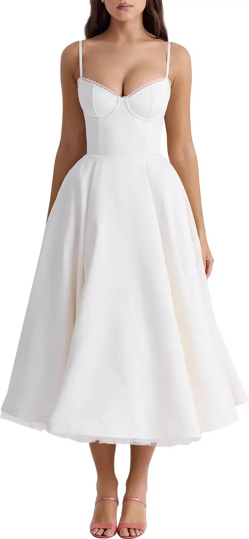 HOUSE OF CB Mademoiselle Bustier Stretch Satin Midi Cocktail Dress | Nordstrom | Nordstrom