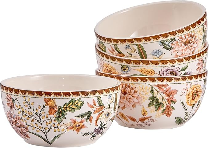 Blooming Moment Cereal Bowls Set of 4, 26 oz Deep Ceramic Soup Bowls for Cereal, Salad, Noodles, ... | Amazon (US)