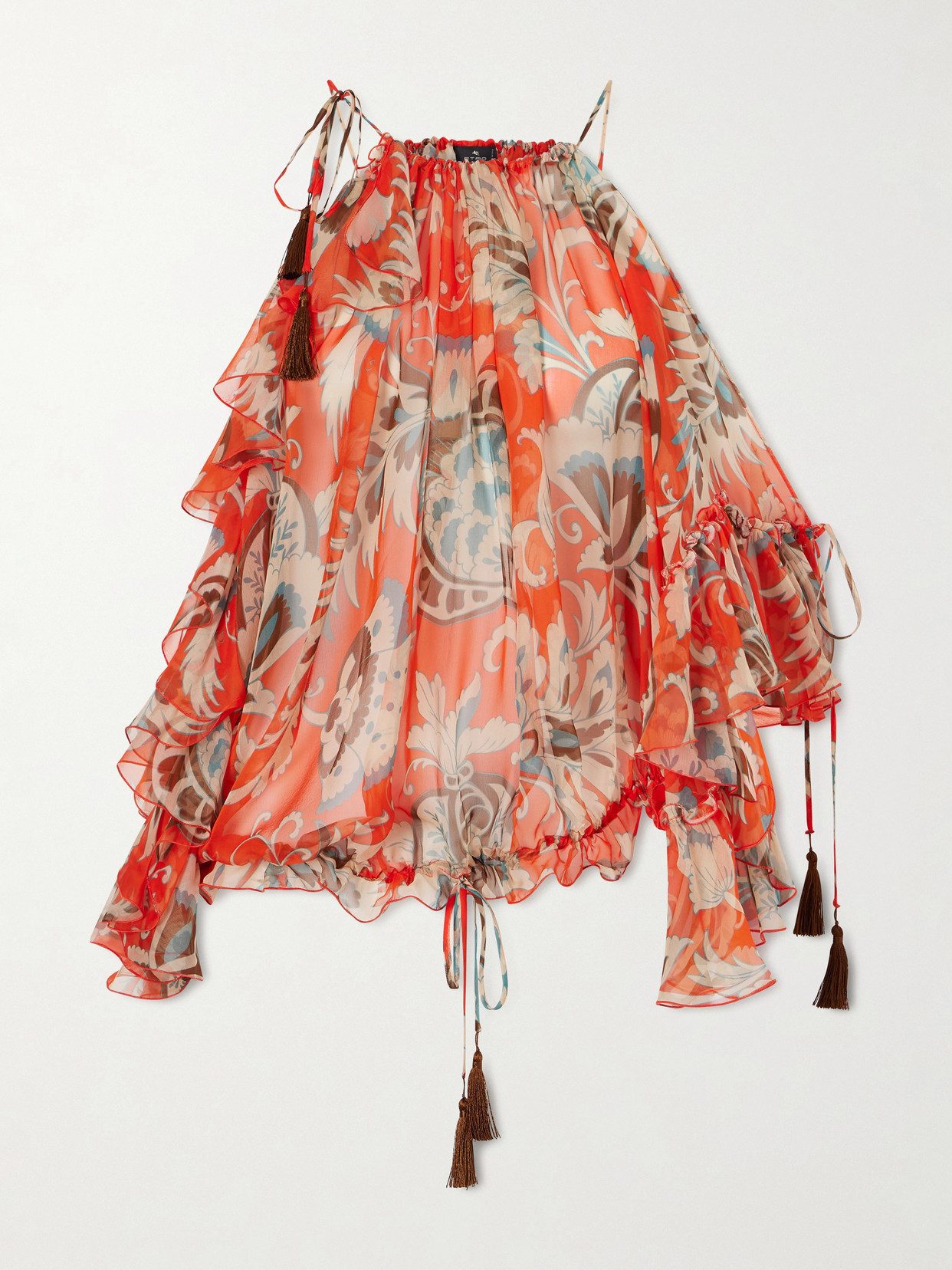 Etro - Off-the-shoulder Asymmetric Tasseled Ruffled Printed Silk-chiffon Blouse - Orange | NET-A-PORTER (US)