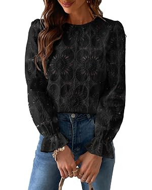 CUPSHE Women Eyelet Long Sleeve Tops Shirts Dressy Hollow Out Crochet Lace Embroidered Blouses 20... | Amazon (US)