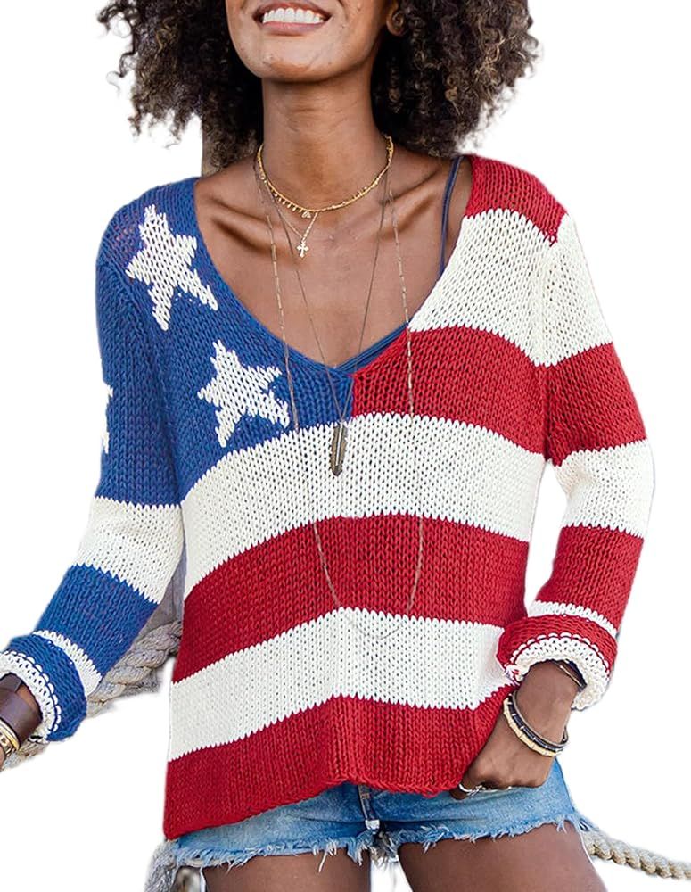 Women's American Flag Graphic Sweater Vintage Loose Hollow Out 4th of July Jumper Summer USA Flag... | Amazon (US)