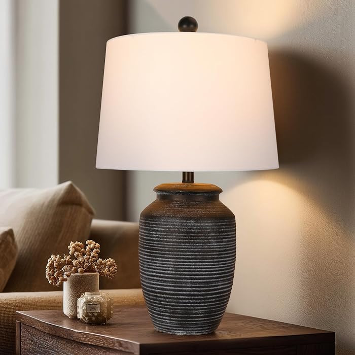 Ceramic Table Lamp, Farmhouse Nightstand Lighting with White Linen Shade, Vintage Black Pottery B... | Amazon (US)
