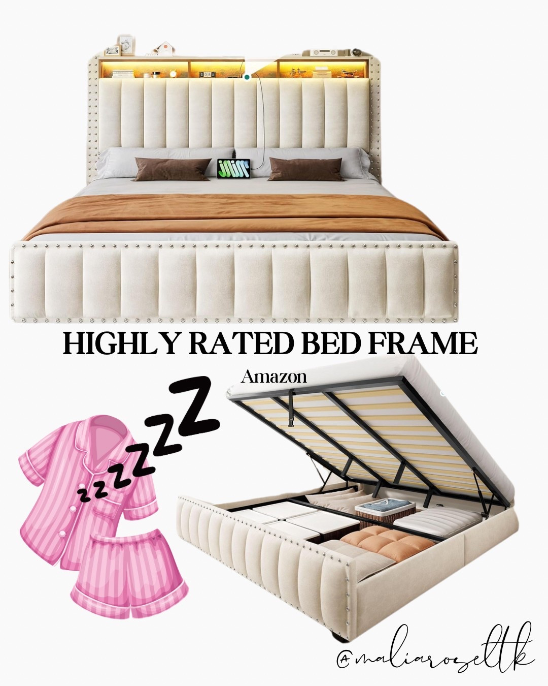 Hydraulic lift highly rated bedframe from Amazon with LED lights and USB option lots of storage underneath as well!

#LTKFamily #LTKHome #LTKSaleAlert