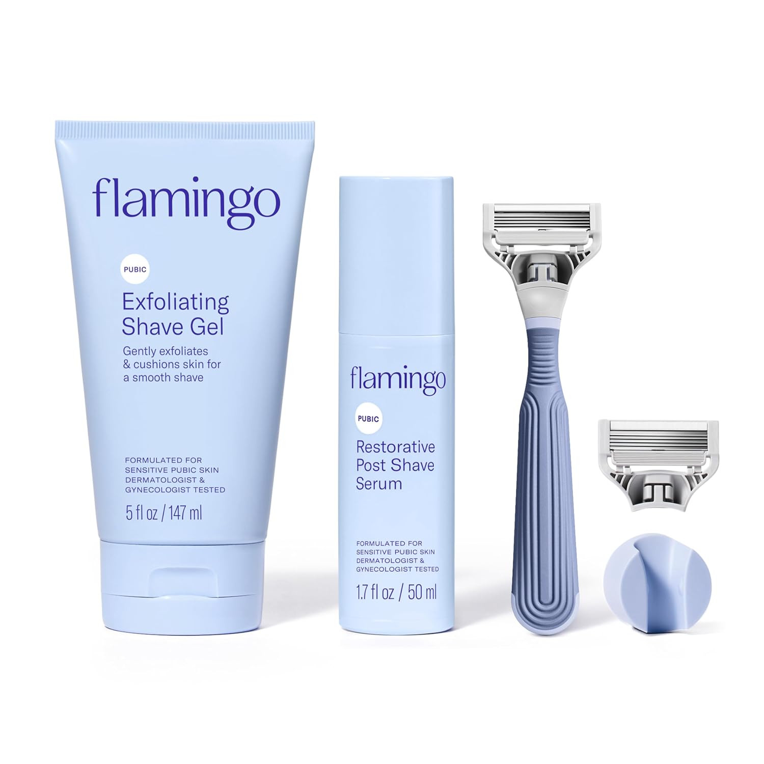 Flamingo Pubic Shaving Regimen - Pubic Razor - Exfoliating Shave Gel, 5 fl oz - Restorative Post Shave Serum, 1.7 fl oz | Amazon (US)