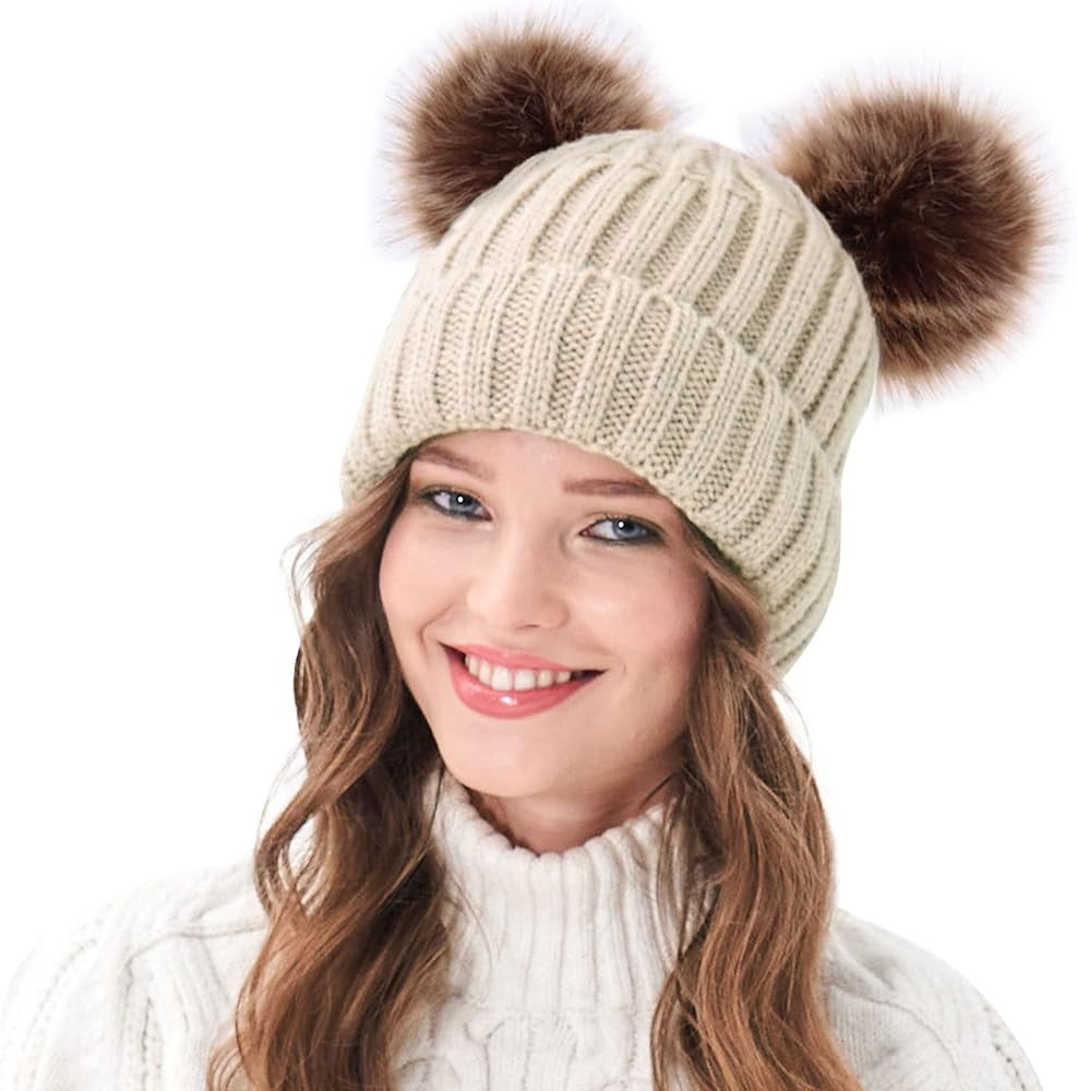 Arctic Paw Womens Winter Hat Cable Knit Beanie for Women Faux Fur Pompom Ears | Amazon (US)