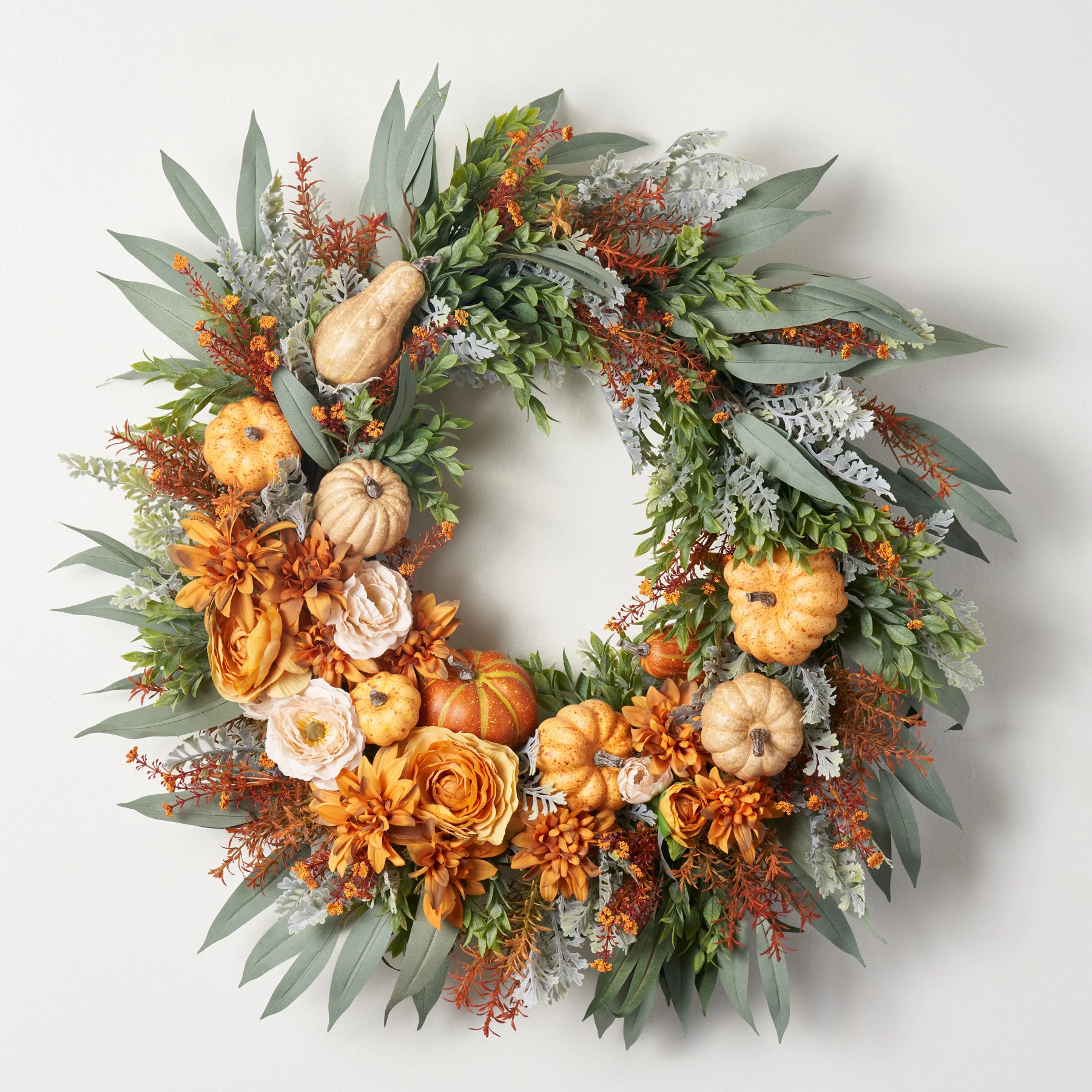 Mixed Autumn Pumpkin, Golden Dahlias & Ranunculus Asymmetric Front Door Fall Wreath | Darby Creek Trading