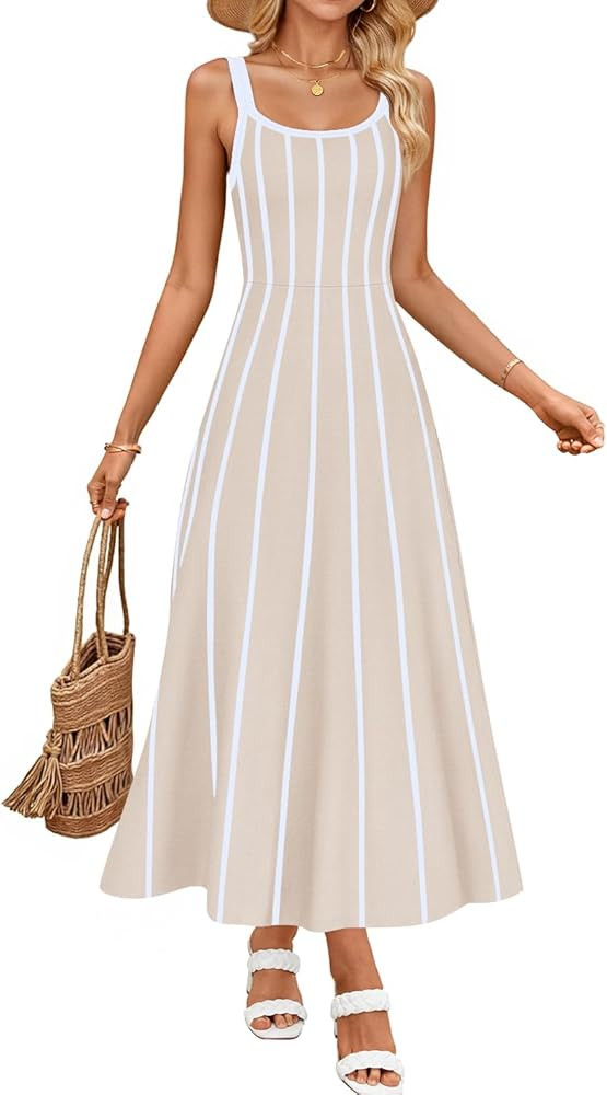 ZESICA Womens 2026 Summer Sleeveless Striped Midi Dresses Casual A Line Swing Knit Long Dress Bea... | Amazon (US)