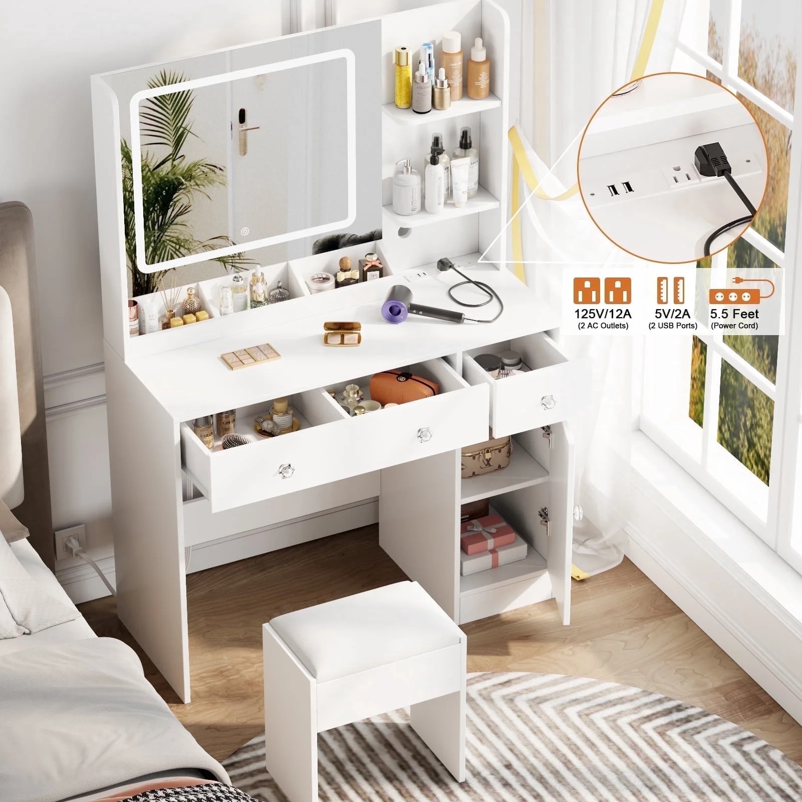 Satifur White Vanity Desk Set with Mirror and Lights, Makeup Table with Charging Station, Comfort... | Walmart (US)