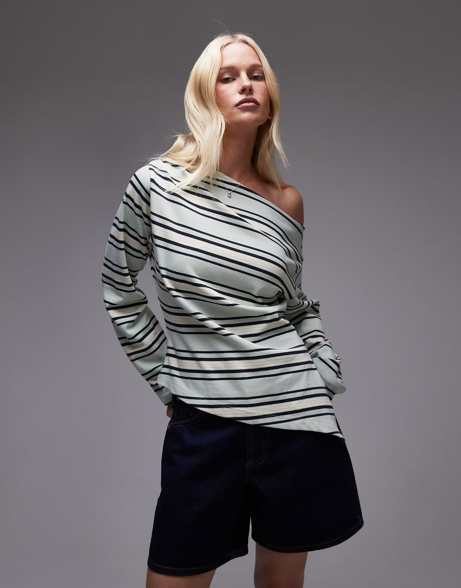 Topshop jersey stripe asymmetrical long sleeve top in green stripe | ASOS (Global)
