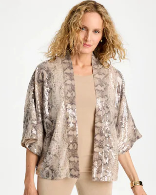 Women's Travelers™ Sequin Animal Print Kimono in New Sonora Sand | Chico's Wrinkle-Free Travel Clothing | Chico's