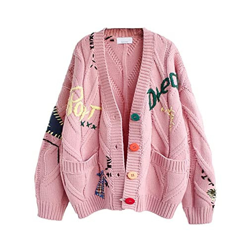utcoco Womens Open Front Cardigan Cable Knit Long Sleeve Button Down Embroidery Cardigan Sweaters (X-Small, Pink) | Amazon (US)