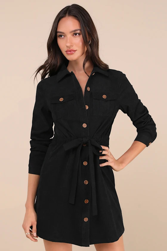 Simple Affection Black Corduroy Mini Dress With Pockets | Lulus