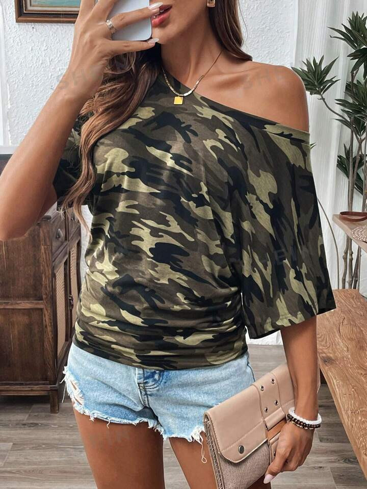 SHEIN LUNE Camo Print Batwing Sleeve Tee | SHEIN