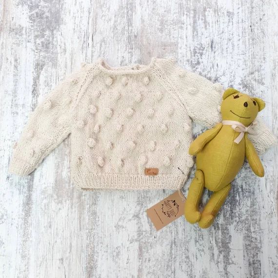 Alpaca Wool Baby Sweater - White Bubbles / Biege Sweater / Bubble Sweater / Pom Pom Sweater / Toddle | Etsy (US)