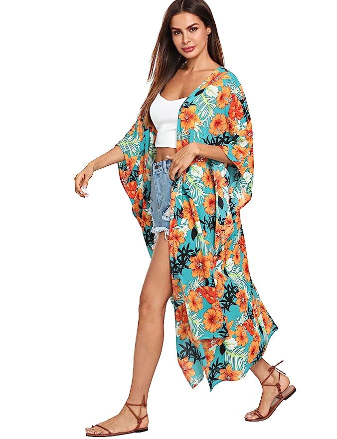 SweatyRocks Women's Flowy Kimono Cardigan Open Front Maxi Dress | Amazon (US)