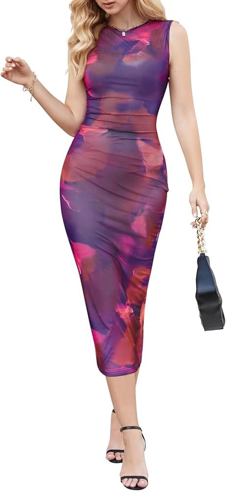 MEROKEETY Women's Summer Bodycon Tie Dye Dress Sleeveless Crew Neck Mesh Cocktail Party Maxi Dres... | Amazon (US)