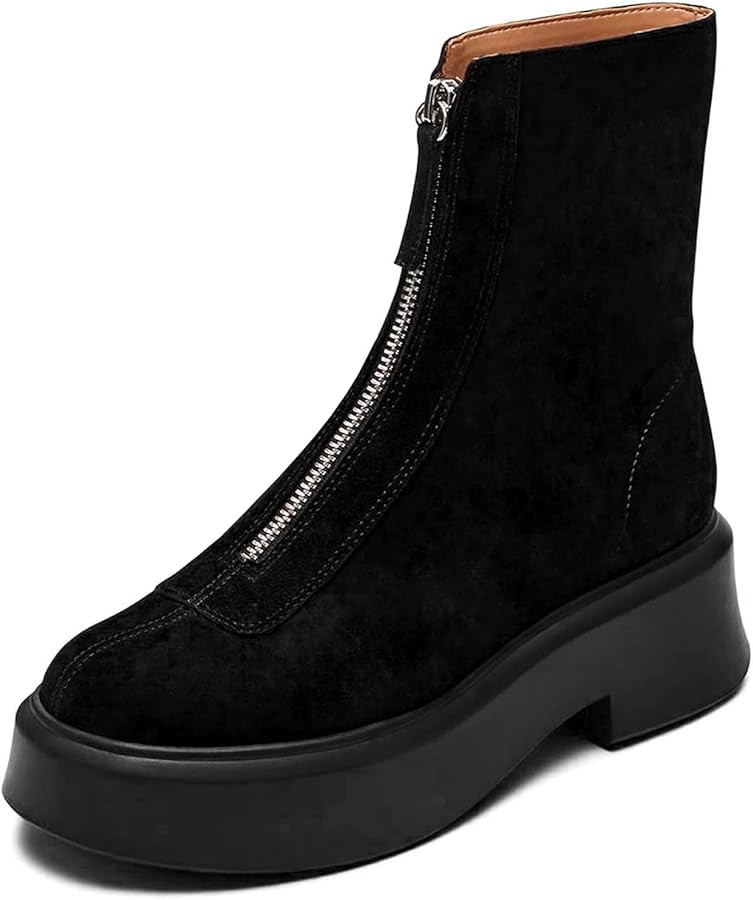 Women's Platform Ankle Boots Leather Boot Chelsea Booties Block Heel Round Toe Short Combat Boots... | Amazon (US)