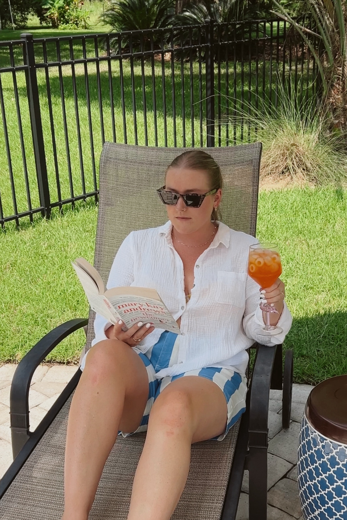 poolside style, striped shorts, Maeve by anthropologie shorts, crinkle gauze button down top, tortoiseshell sunglasses, summer style, midsize style

#LTKMidsize #LTKStyleTip #LTKFindsUnder100