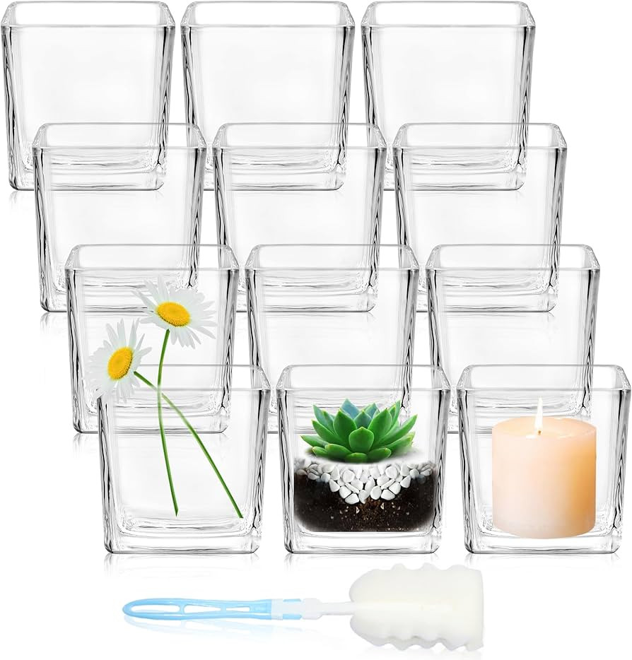 12 Pack Square Glass Vases, 3” x 3” Clear Cube Glass Flower Vases, Mini Square Glass Vases Ca... | Amazon (US)