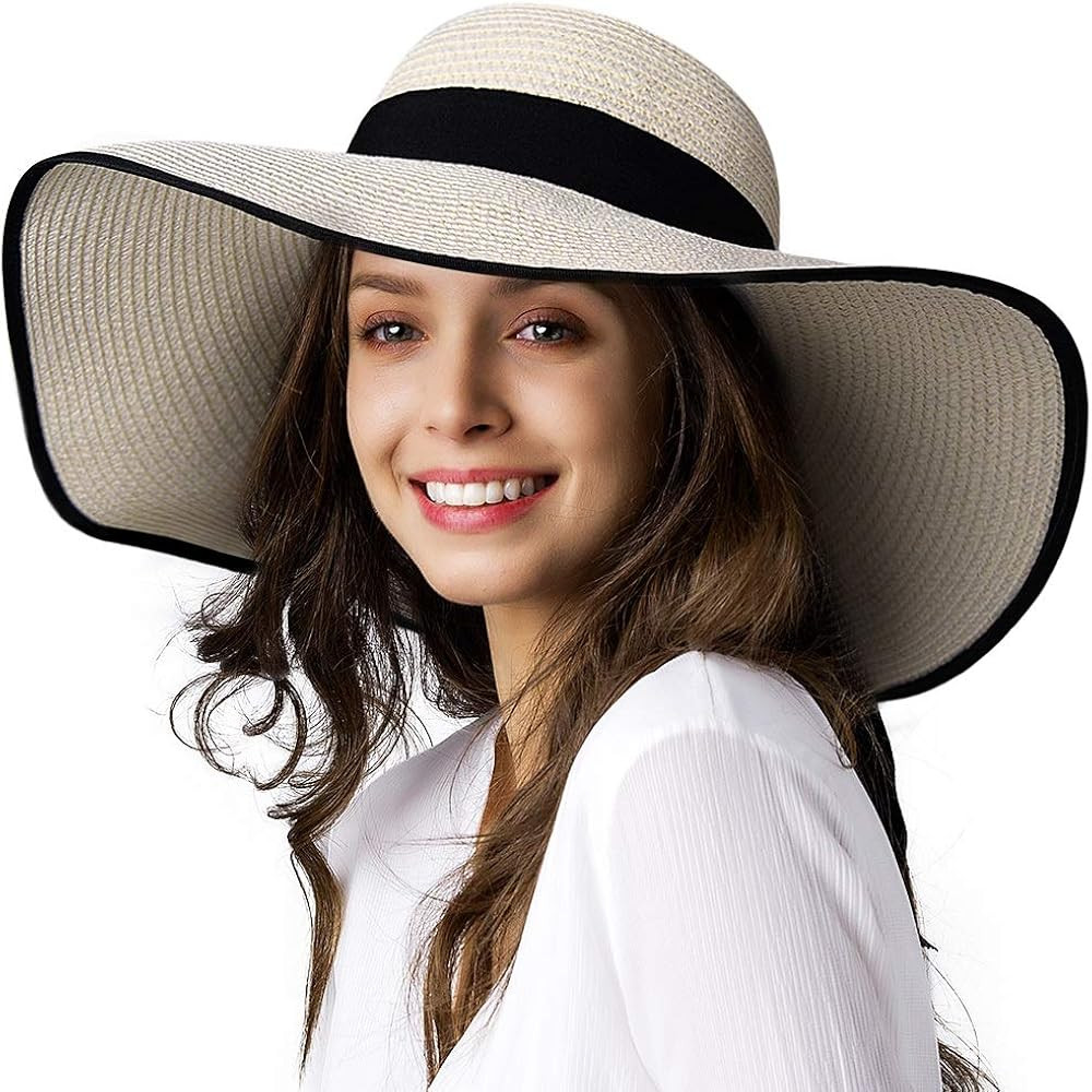 Womens Sun Straw Hat Wide Brim UPF 50 Summer Hat Foldable Roll up Floppy Beach Hats for Women | Amazon (US)