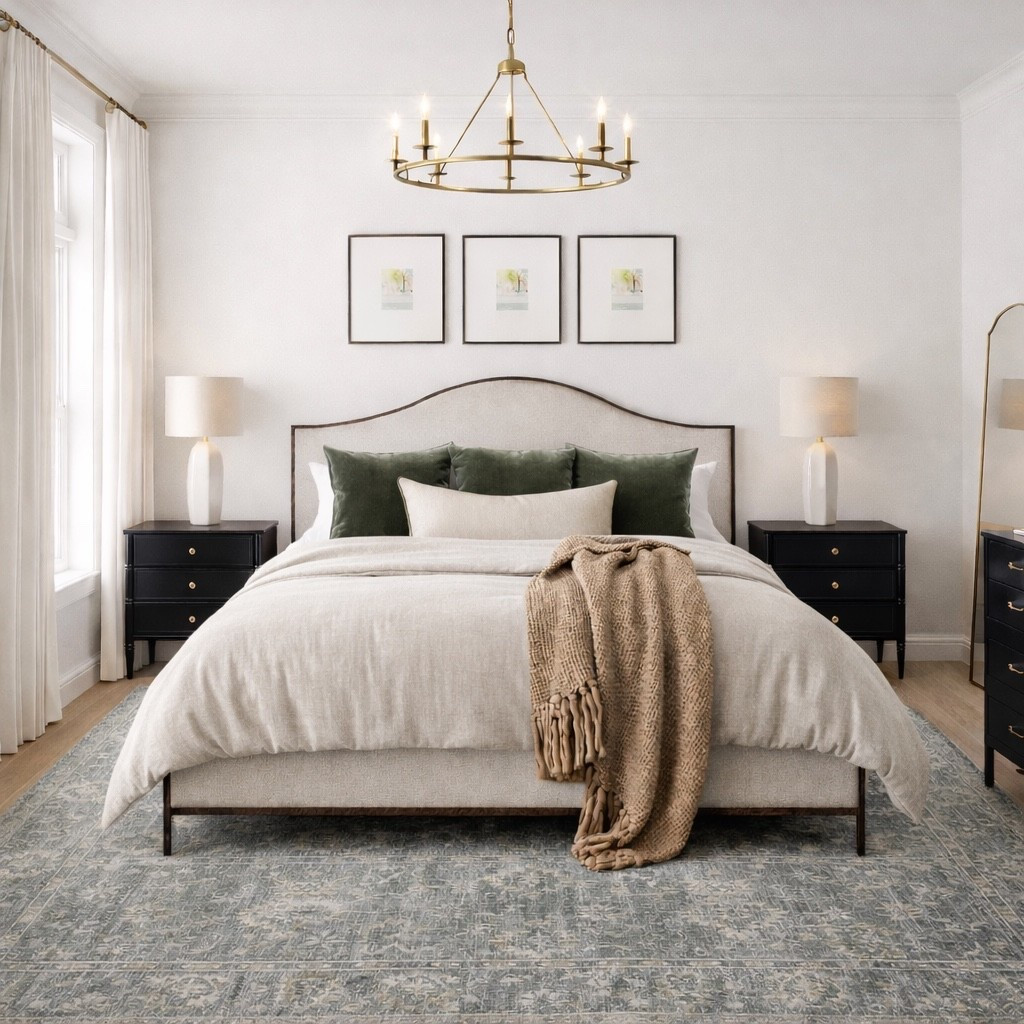 This king bedroom blends timeless structure with organic warmth — from the arched upholstered bed to the luxury light flax linen bedding and rich green velvet accents. The contrast of black nightstands and warm brass details keeps the space feeling grounded, while SW Alabaster walls create that soft, glow-from-within backdrop we love.

It’s neutral… but never flat.
It’s classic… but still fresh.

Design tip: when your base palette is calm, texture does the heavy lifting. Linen, velvet, wood tones, aged brass — that’s where the magic happens.

Would you keep the green pillows or swap for something moodier? ✨

#LMJInteriors #BedroomDesign #TransitionalStyle #ModernOrganic #LayeredNeutrals

#LTKHome