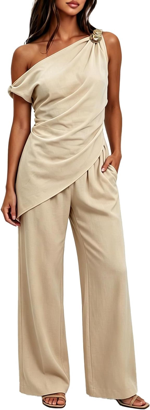 MAKABO Women's 2 Piece Sets Casual Matching Set One-Shoulder Top Wide-Leg Pants with Pockets Summ... | Amazon (US)