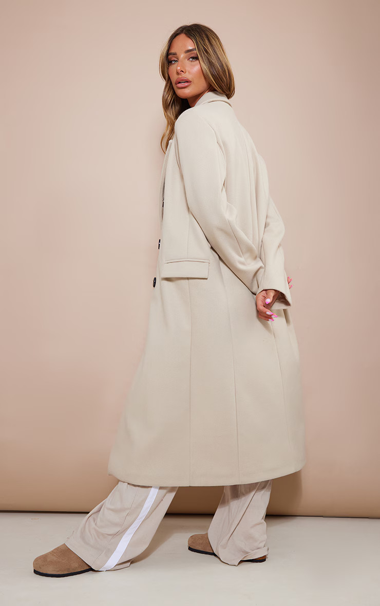 Stone Double Breasted Wool Look Overcoat | PrettyLittleThing US