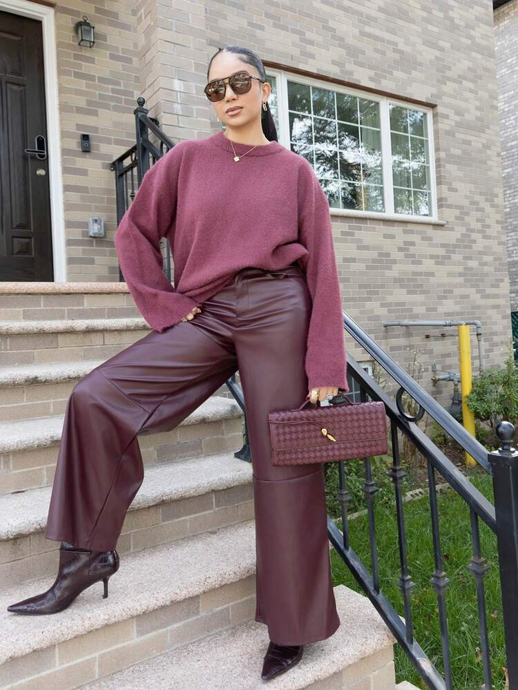 Melissa Matos Women's Burgundy Red Leather Women Pants Plain Front-Button Minimalist Casual Pants, Daily Wear, Women Bottoms | SHEIN