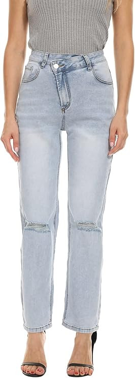 Women Straight Ripped Jeans Waist Crossover Classic Relaxed Fit Mid Rise Distressed Comfortable D... | Amazon (US)